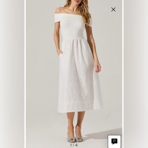 ASTR the Label Mixed Media Eyelet Off the Shoulder Dress